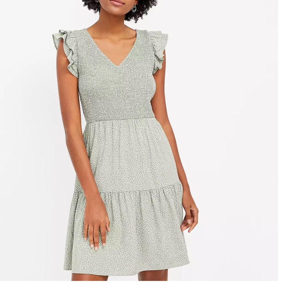 Loft light green polka dot smocked tiered dress